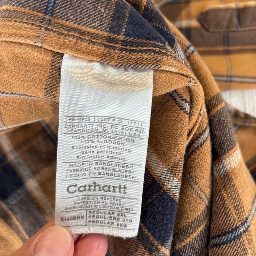 Carhartt Mens 2XL Plaid Flannel Button Down Shirt Brown Blue Cotton S145BRN - Picture 5 of 10